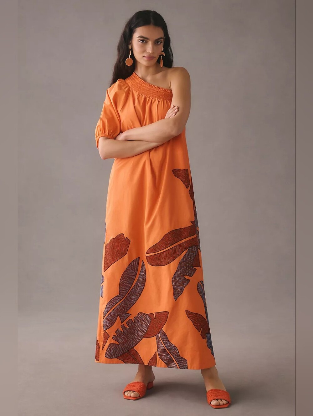 Maeve for Anthropologie Orange One-Shoulder Floral Embroidered Midi Dress